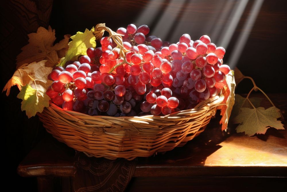 Wicker basket filled with plump red grapes produce fruit plant.