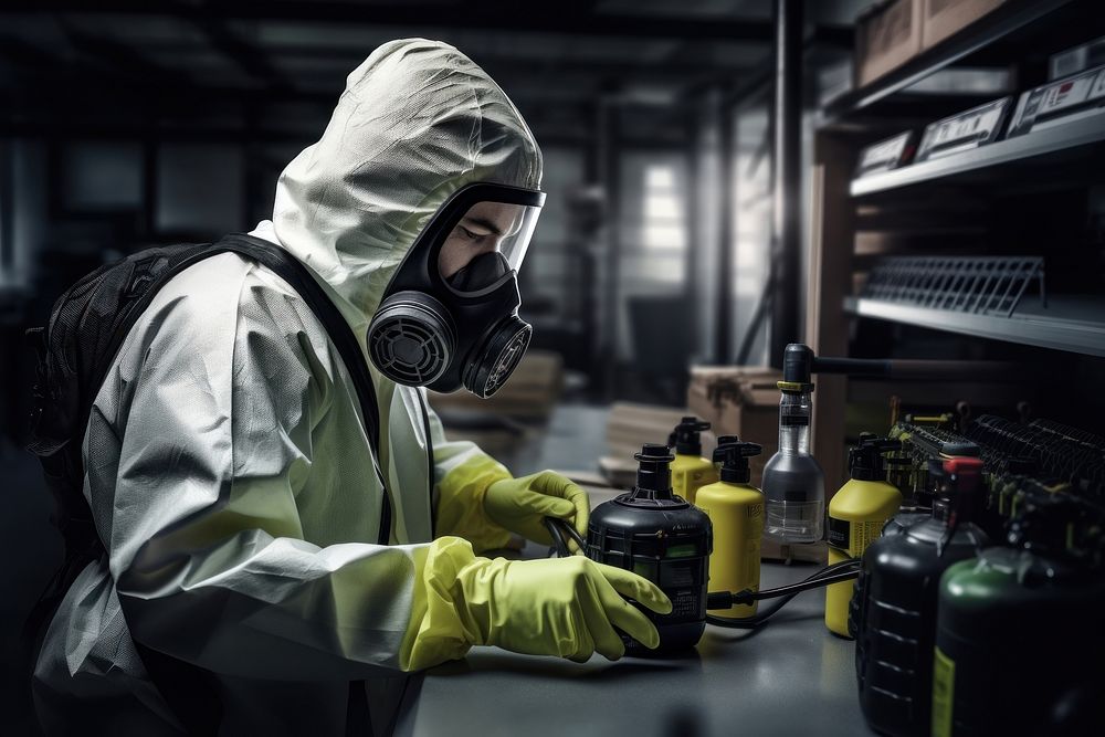 Technician wearing a full protective suit glove clothing apparel.