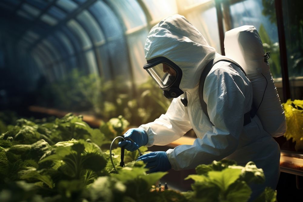 Technician in a protective suit spraying a natural pesticide solution gardening outdoors clothing.