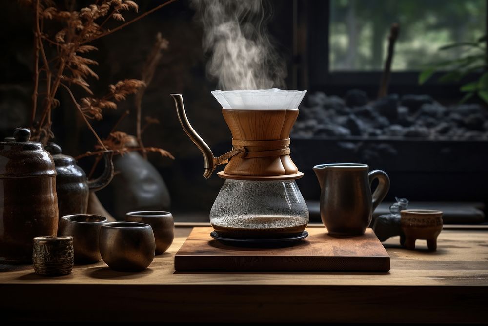 Traditional Japanese coffee brewing ceremony cookware pottery chess.