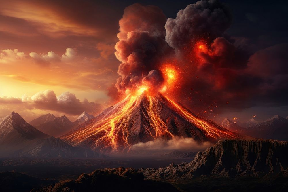 Volcanic eruption on a rocky planet lava mountain outdoors.