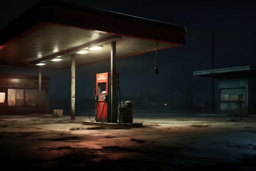 Vintage gas station along a deserted highway at night pump machine gas pump.