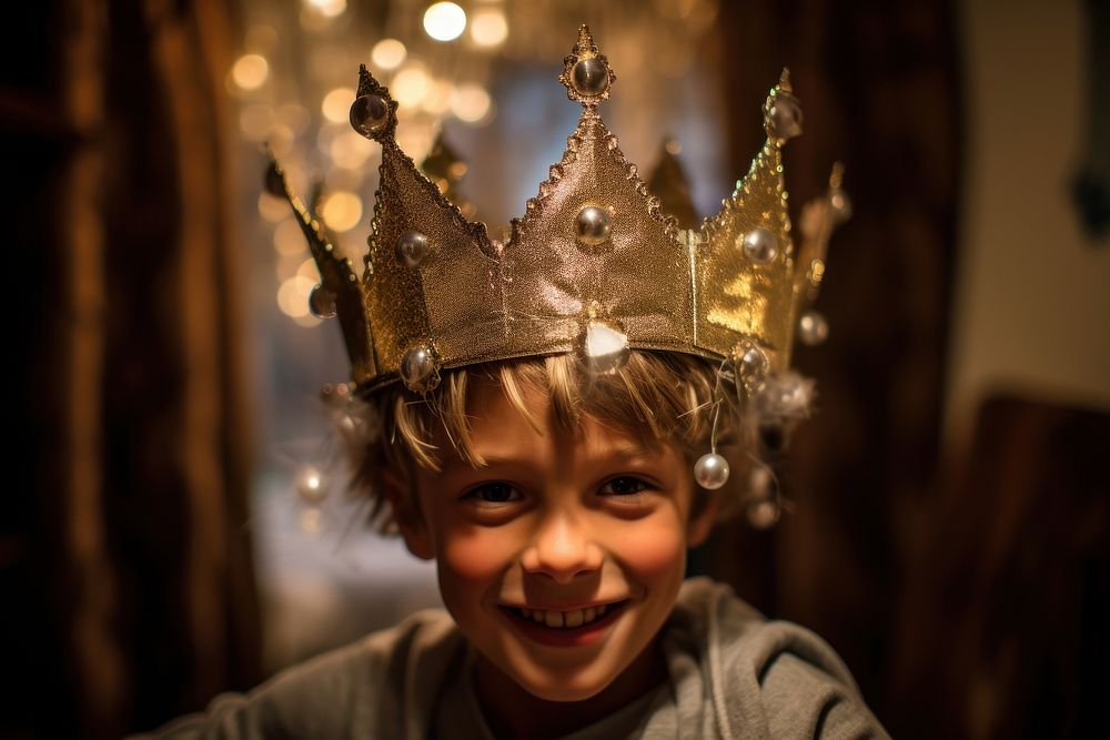 Young boy playfully wearing a cardboard crown photo accessories photography.