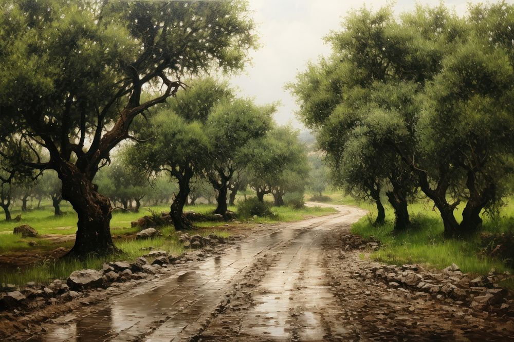 Olive grove glistening with raindrops tree path vegetation.