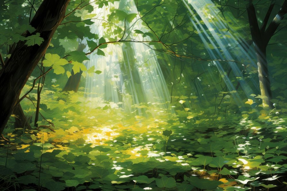Sunlight filtering through a canopy of leaves forest vegetation rainforest.
