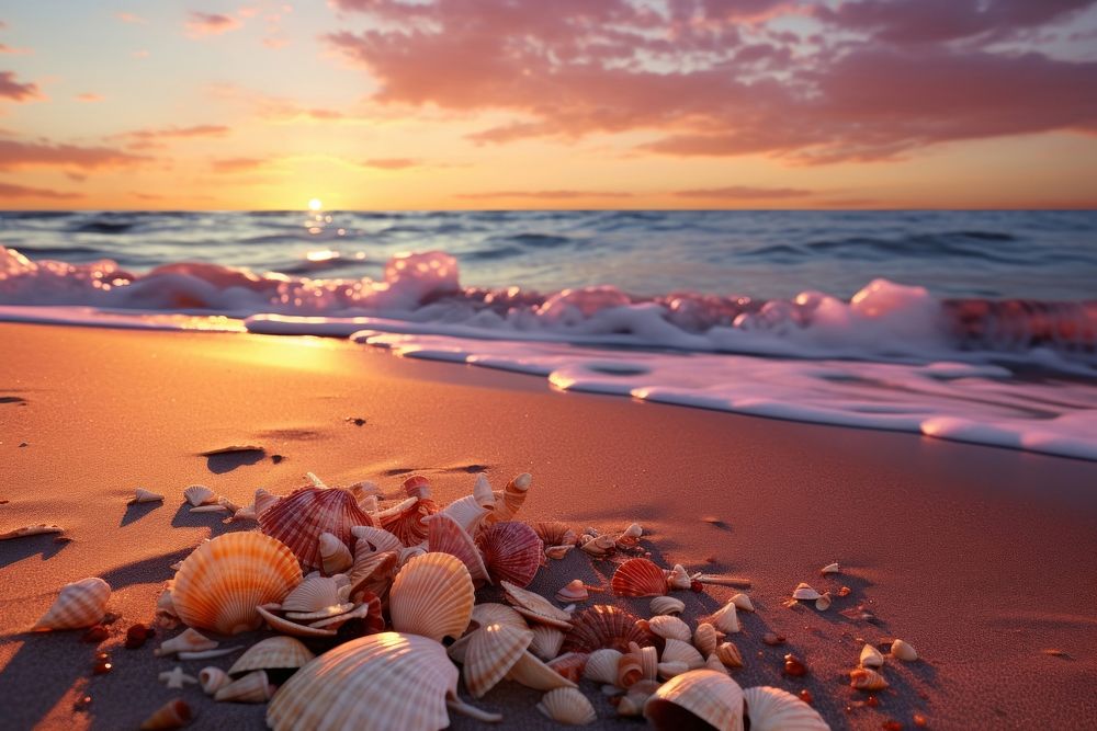 Seashells scattered on a sandy beach invertebrate shoreline outdoors.