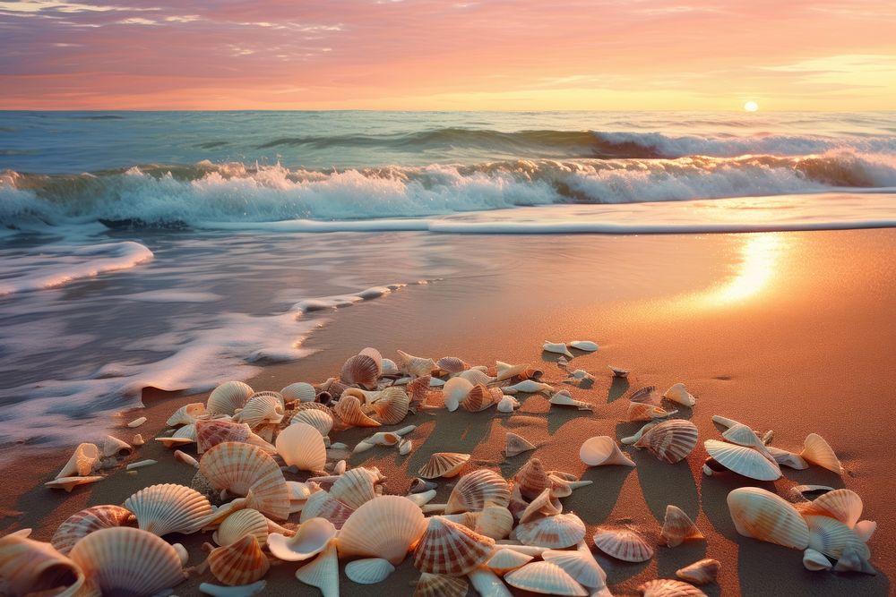 Seashells scattered on a sandy beach invertebrate shoreline outdoors.