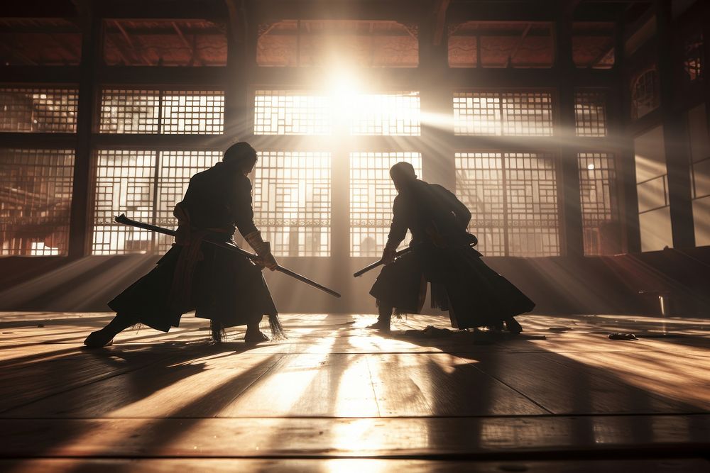 Two samurai warriors practicing kendo sword swordfight weaponry.