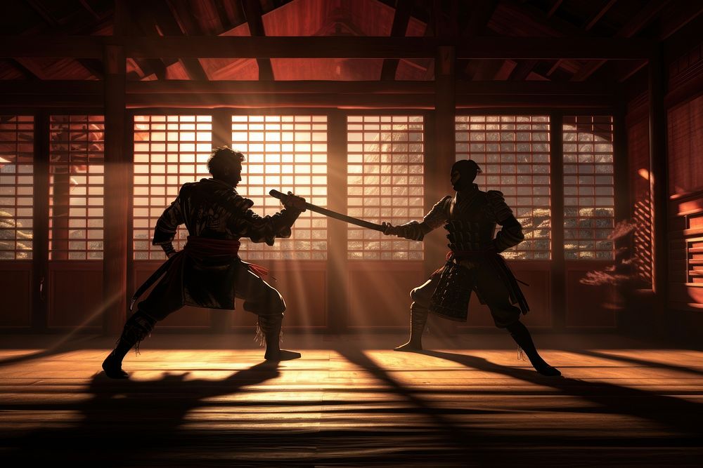 Two samurai warriors practicing kendo sword man swordfight.