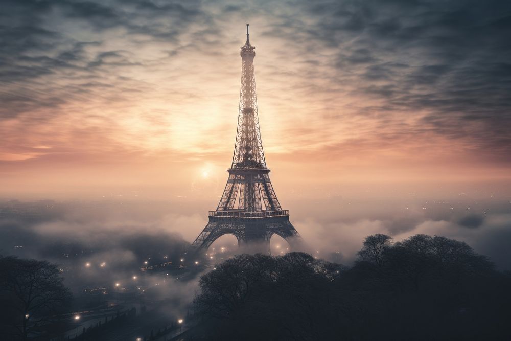 Eiffel Tower shrouded in mist at dawn tower architecture eiffel tower.