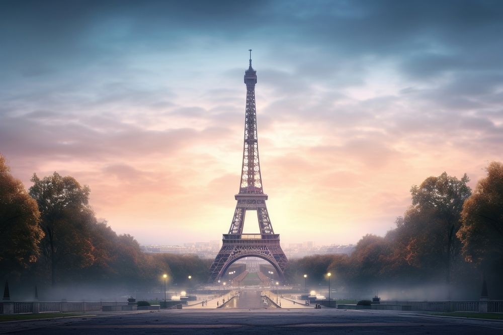 Eiffel Tower shrouded in mist at dawn tower architecture eiffel tower.