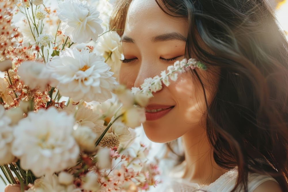 Cheerful asian woman smell a big flower buquet in hand photo photography smelling.