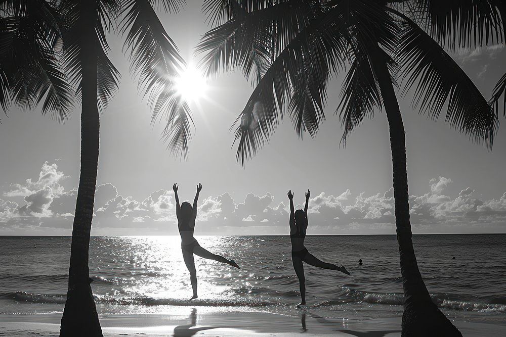 Yoga silhouette photography beach arecaceae shoreline.