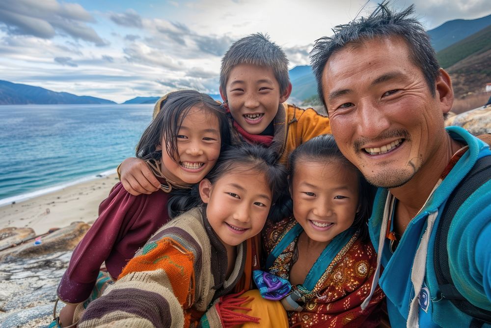 Bhutanese family selfie together photo sea photography.