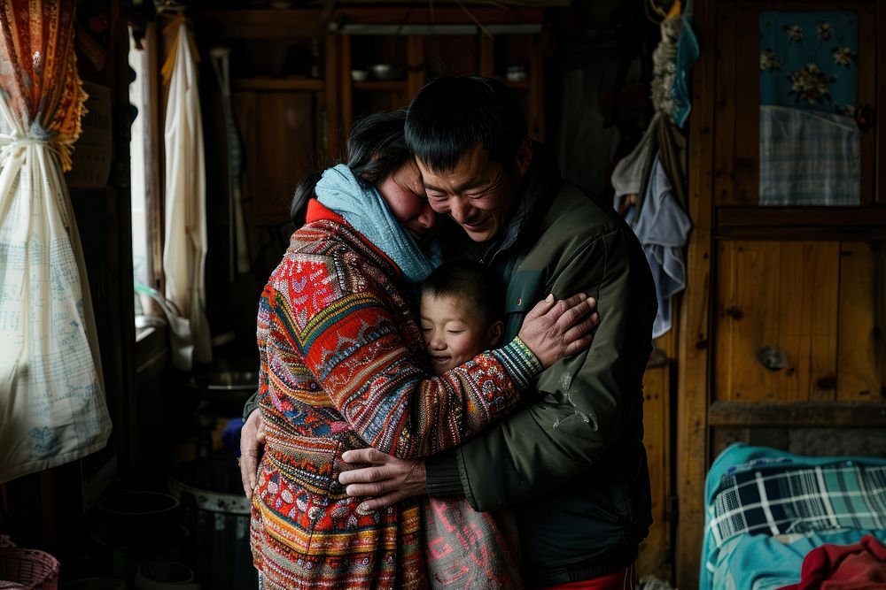Bhutanese man hugging pregnant wife blanket people person.