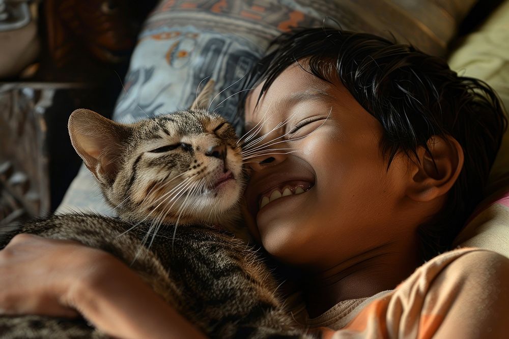 Cat licking a laughing Indian boy photo face cat.