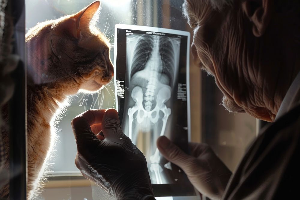 Veterinarian holding a pair of x-rays up to a lightbox cat clothing apparel.