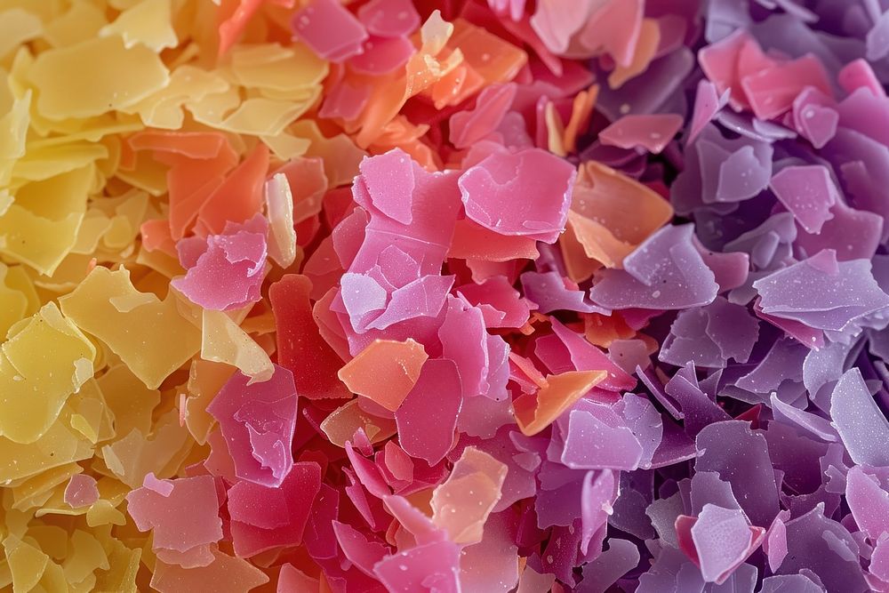 Colorful soy wax flakes used for candle making confetti blossom flower.