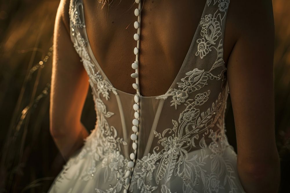 Backless wedding dress with delicate button clothing apparel fashion.