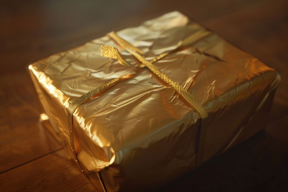 Beautifully wrapped birthday present with gold wrapping paper weaponry dagger blade.