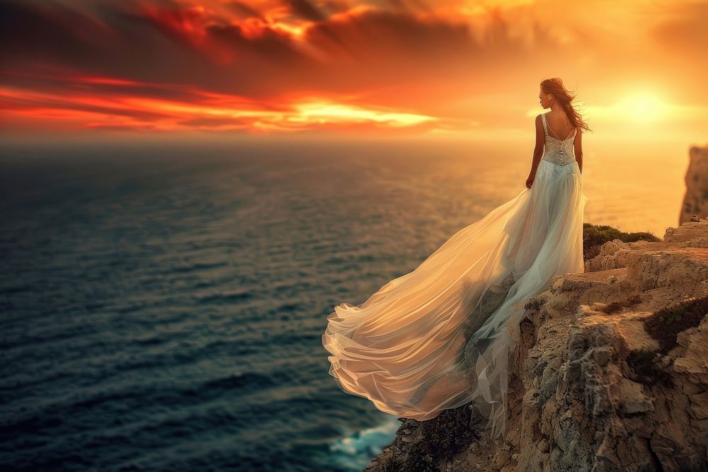 Bride in a flowing white wedding dress photo ocean photography.