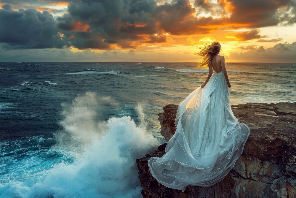 Bride in a flowing white wedding dress ocean beachwear outdoors.