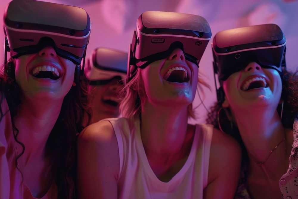 Group of friends laughing together while wearing VR headsets vr headset clothing apparel.