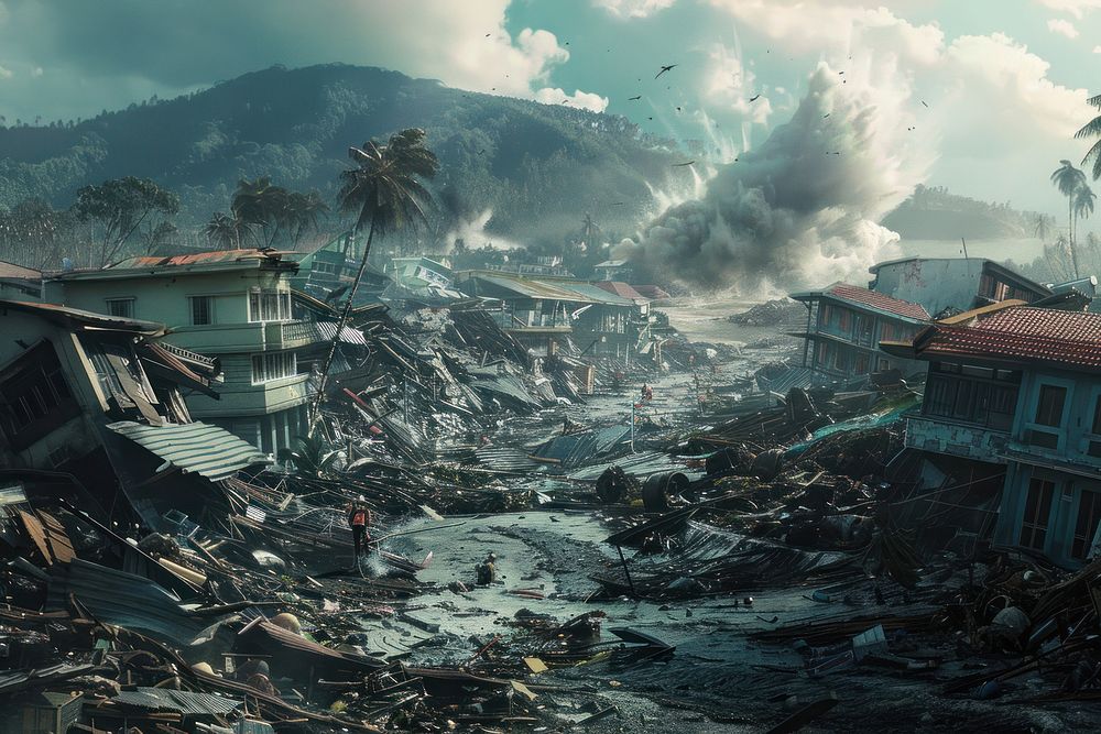 Devastated coastal town after a tsunami outdoors person nature.