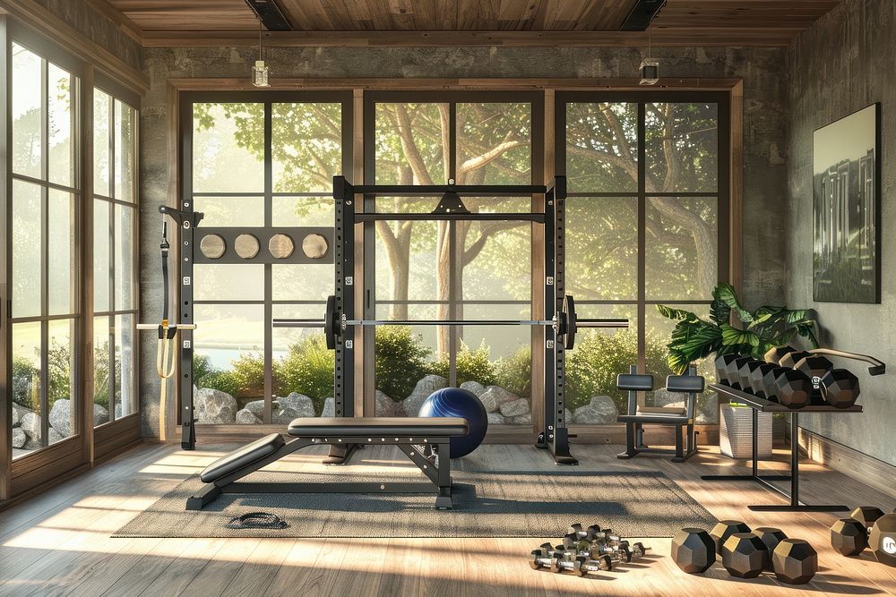 Home gym with a power rack bench furniture exercise.