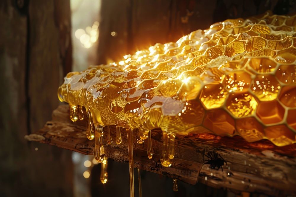 Honeycomb dripping with golden beeswax chandelier food lamp.
