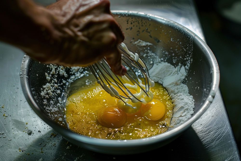 Hand vigorously whisking eggs in a stainless steel bowl cooking person human.