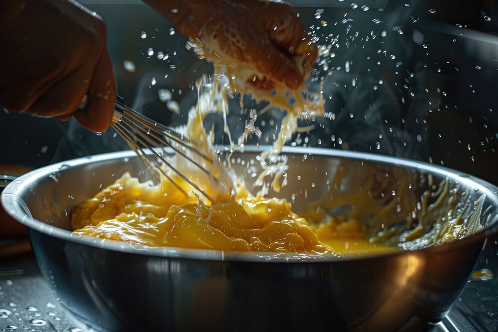 Hand vigorously whisking eggs in a stainless steel bowl cooking chicken poultry.