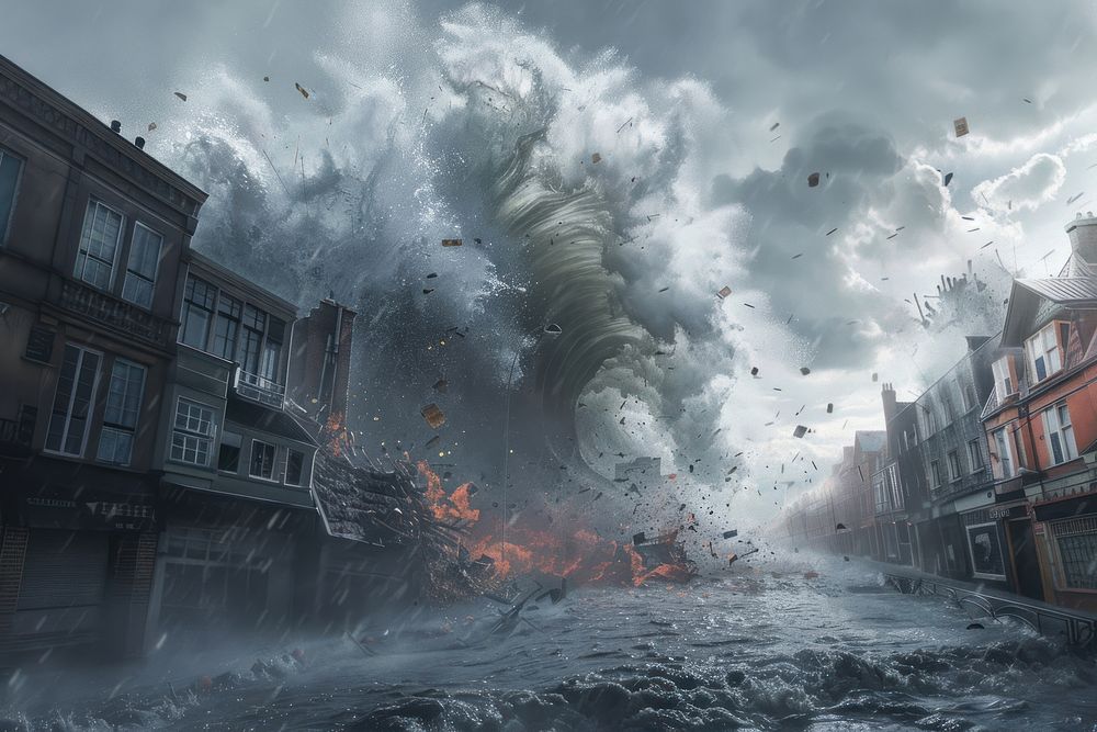 Massive wave crashing over a coastal town outdoors nature animal.