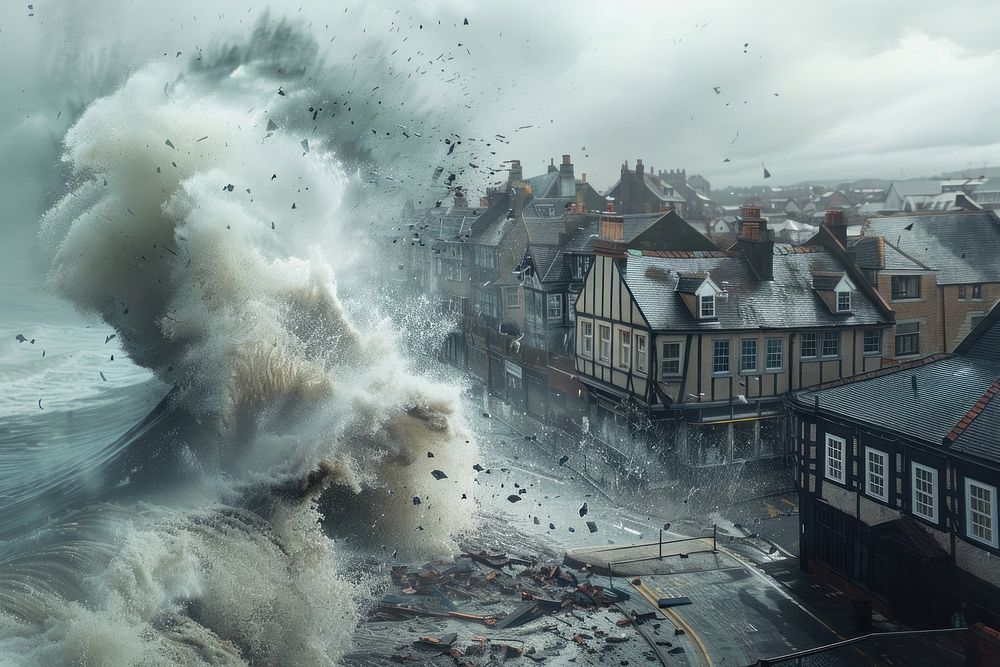 Massive wave crashing over a coastal town outdoors tsunami nature.