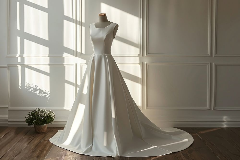 Minimalist wedding dress with clean lines clothing apparel fashion.