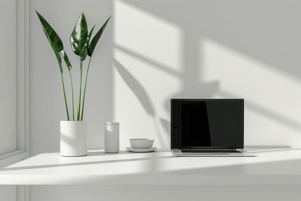 Minimalist workspace with a sleek white desk laptop plant potted plant.