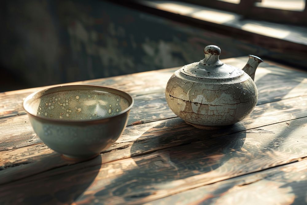 Rustic wabi-sabi tea ceremony setting teapot bowl cookware.