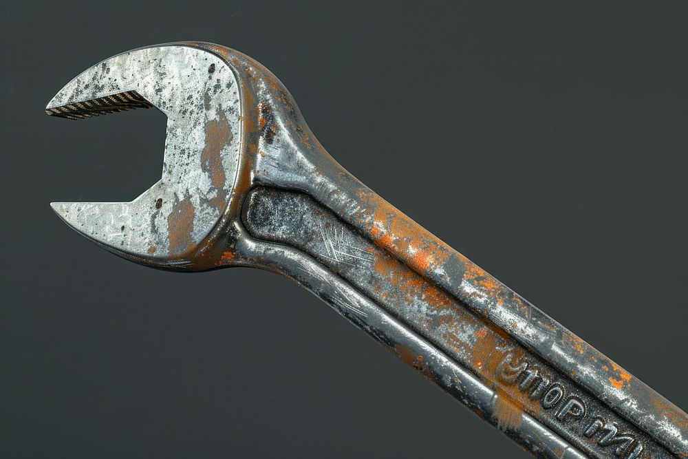 Well-worn adjustable wrench with chipped paint weaponry dagger blade.