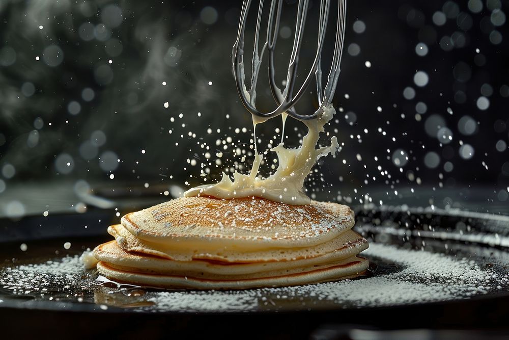 Whisk covered in batter pancake sandwich cooking.