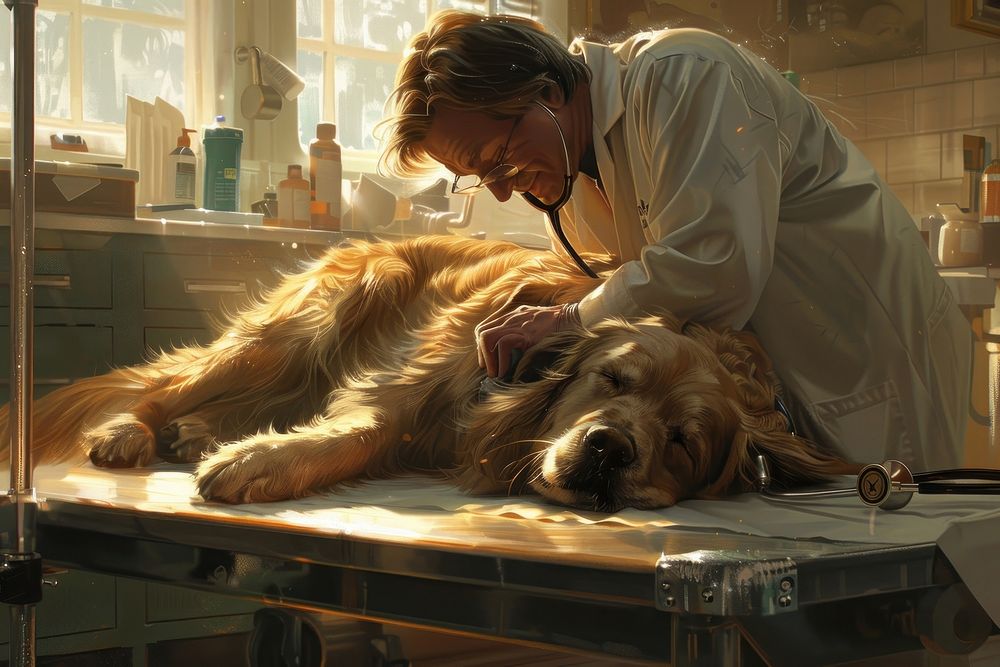 Veterinarian with a stethoscope gently listening to a heartbeat of a golden retriever architecture accessories accessory.