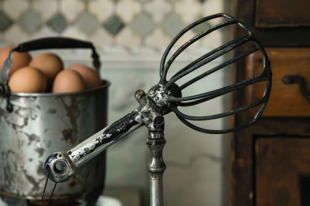 Vintage egg beater with a hand crank mechanism appliance device mixer.