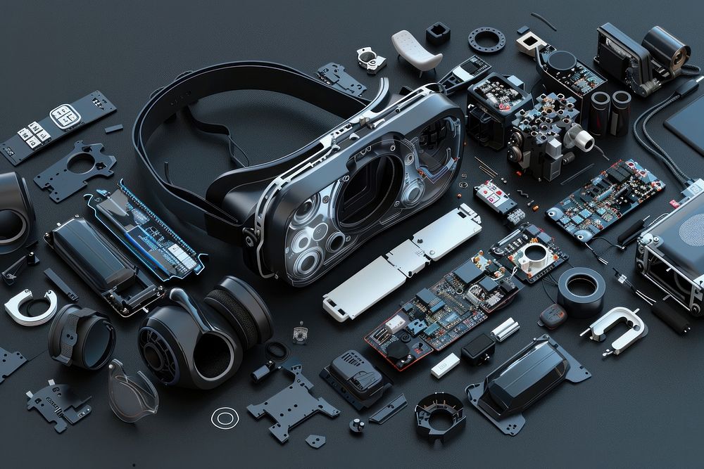 VR headset disassembled electronics furniture camera.
