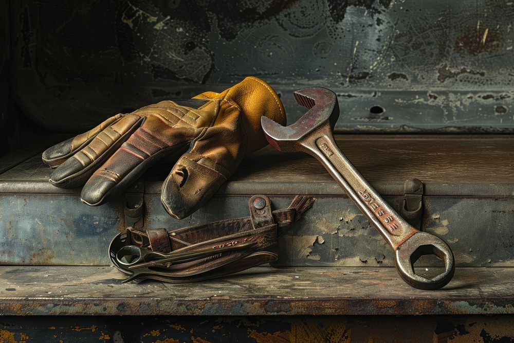 Vintage wrench alongside a worn leather work glove tool corrosion device.