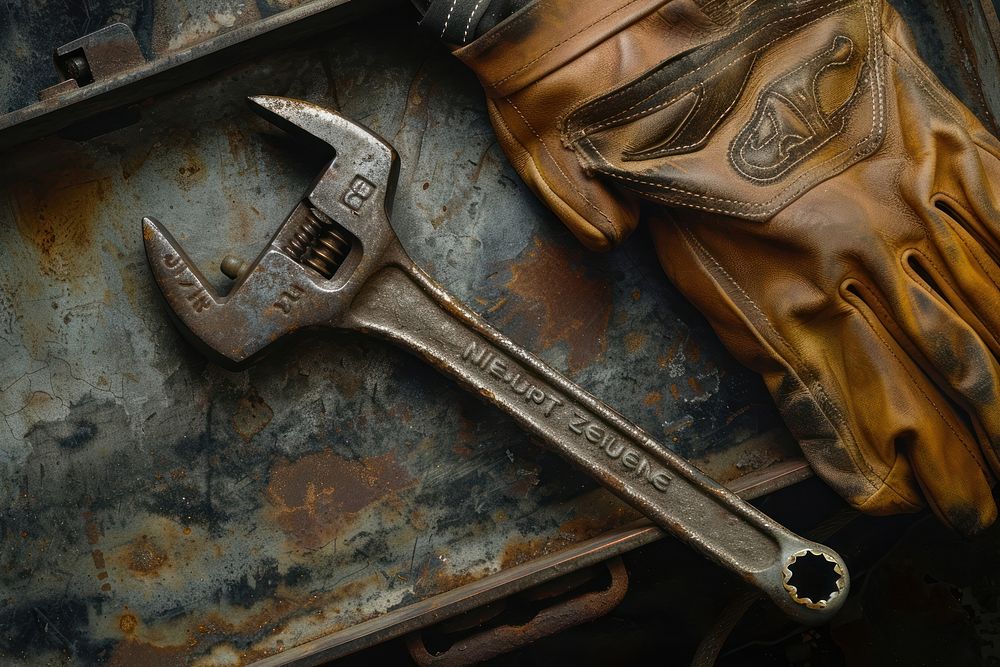 Vintage wrench alongside a worn leather work glove tool corrosion weaponry.