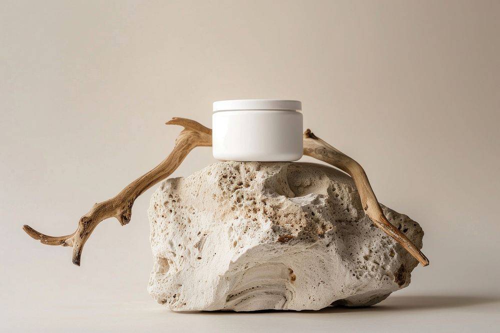 Spa packaging mockup wood driftwood pottery.