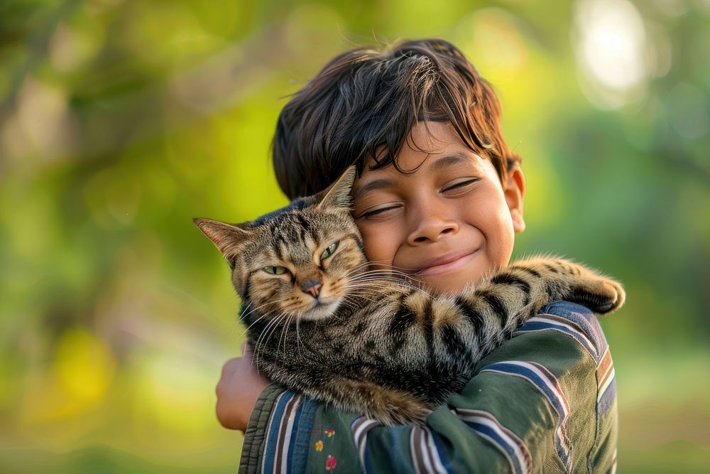 Indian kid hugging cat in the park photo happy photography.