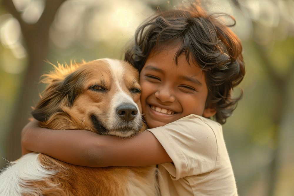 Indian kid hugging dog in the park photo happy photography.
