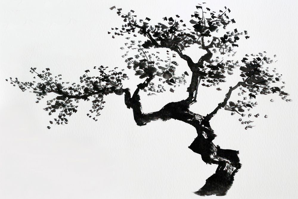 Japanese calligraphy tree painting art illustrated.
