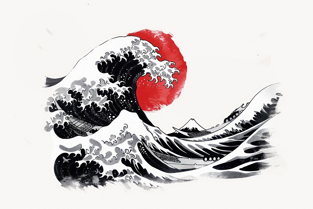 Japanese calligraphy wave painting art illustrated.