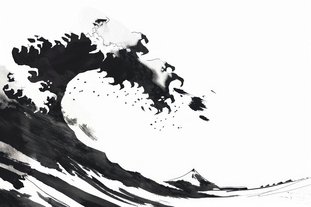 Wave Japanese minimal painting art illustrated.